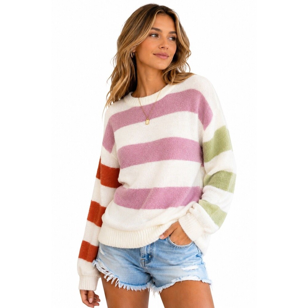 L*Space Sequoia Fuzzy Stripe Sweater XS Pastel Colorblock Soft Knit Cozy